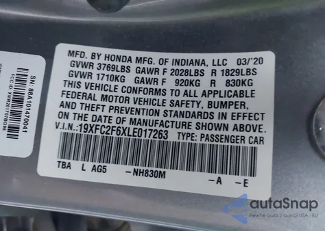 2020 Honda Civic Lx из США, поврежденный, VIN 19XFC2F6XLE017263